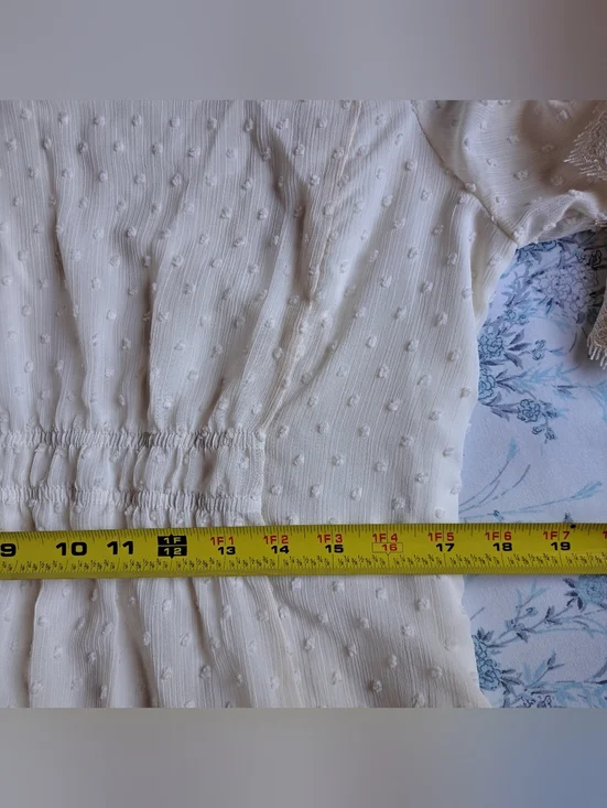 Polagram Ivory Swiss Dot Modest Midi Dress Lace Sleeves V-Neck Size L - Picture 13 of 16